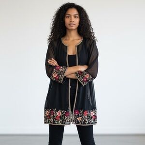 Sheer beaded crochet ladies top vintage small/medium black with floral crochet